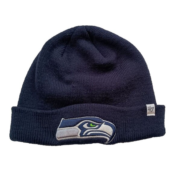 Authentic '47 Seattle Seahawks Basic Knit Dark Navy Raised Cuffed Beanie Hat - Picture 1 of 7